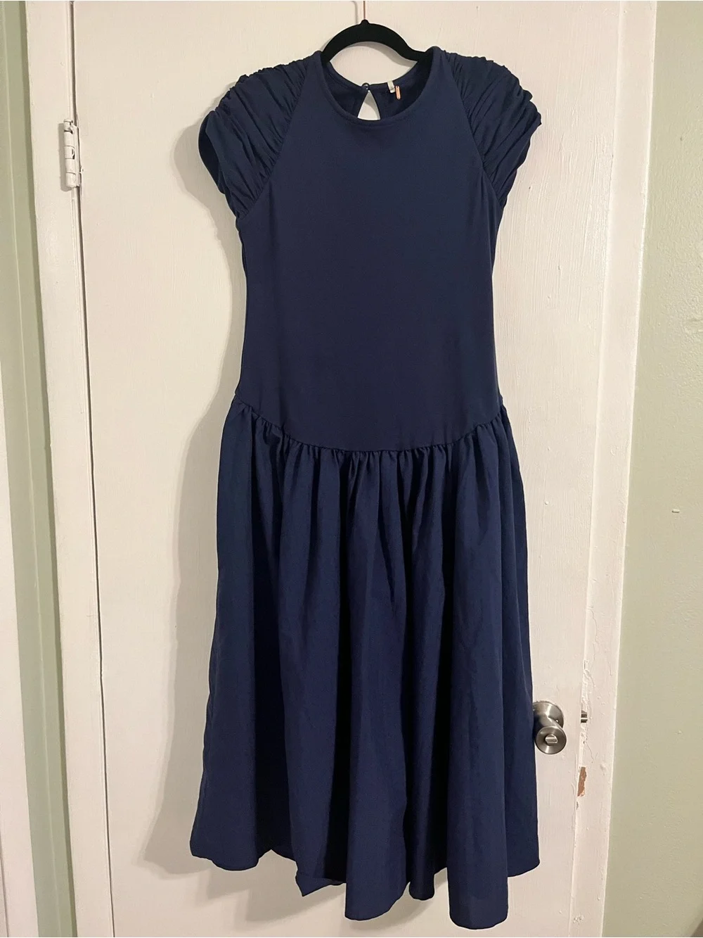 Free People Navy Short-Sleeve Gathered Midi Dress